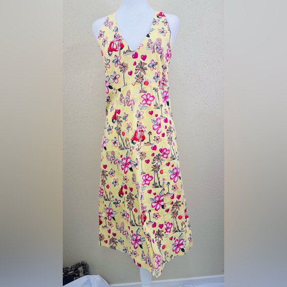 Temptations Dresses & Skirts - Temptation Yellow Halter Midi Dress Retro Hula Dancer Novelty Print Tropical L